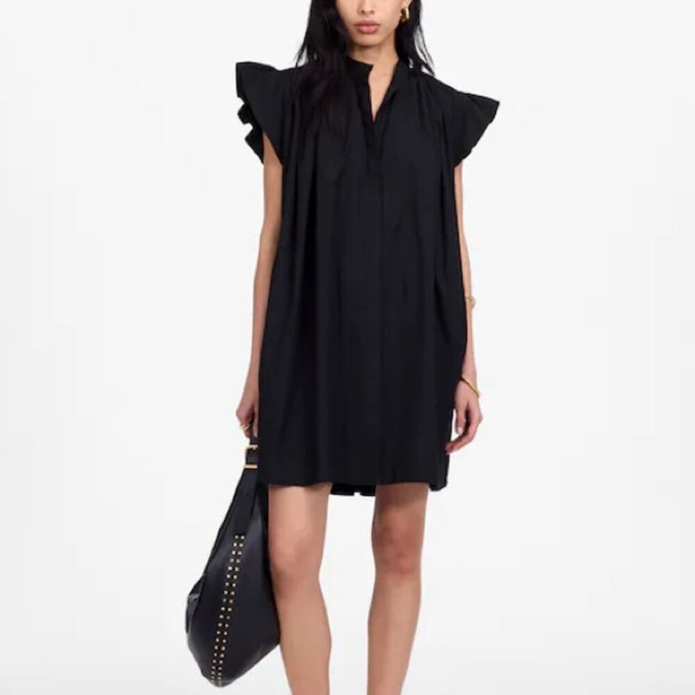 Madewell Flutter Sleeve Button-Front Mini Dress in Poplin in black Size XS